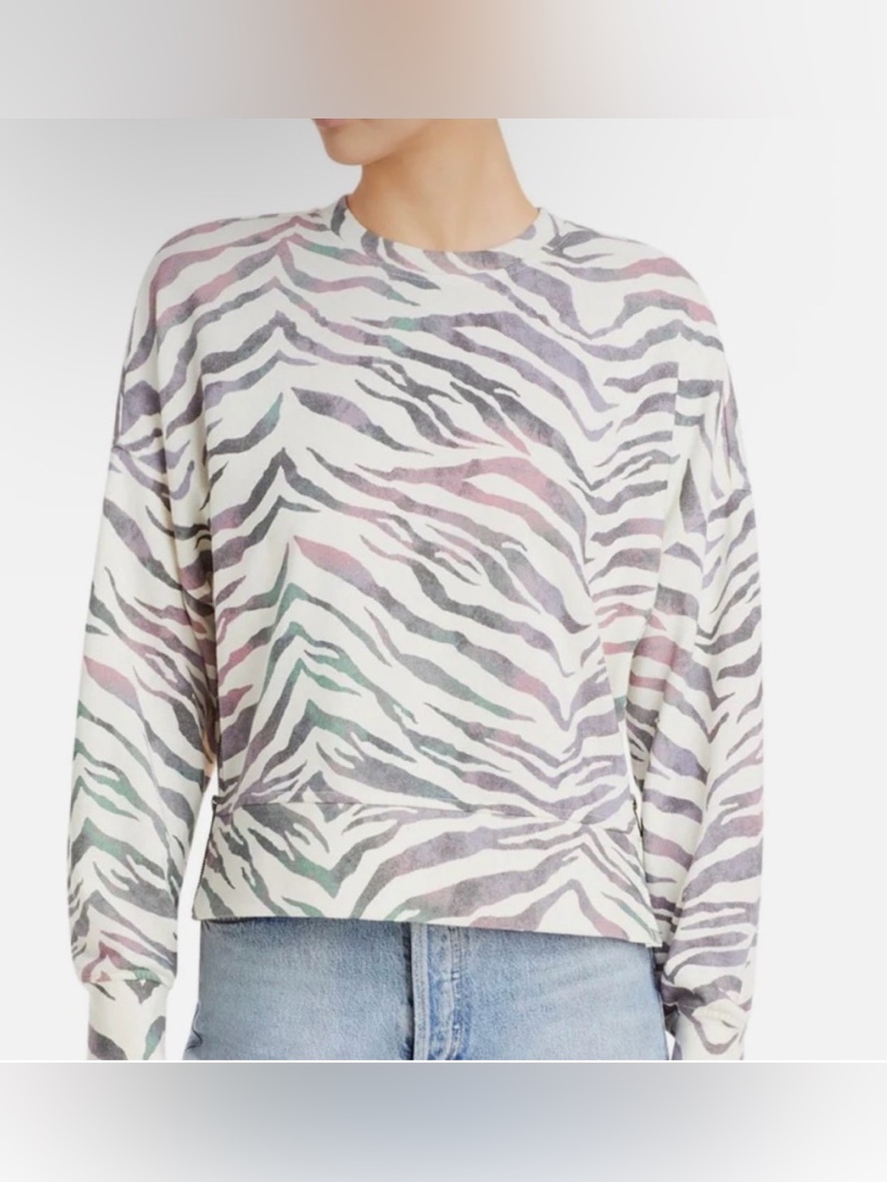 Rails Pastel Zebra Stripe Crewneck Pullover in Gray and Lavender